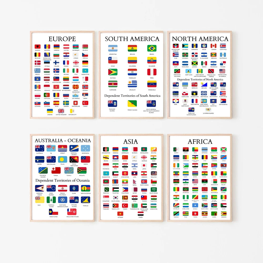 World Flags Poster Countries Flags Painting Canvas Wall Art Educational Kids Nursery Wall Pictures for Living Room Home Decor - niceart