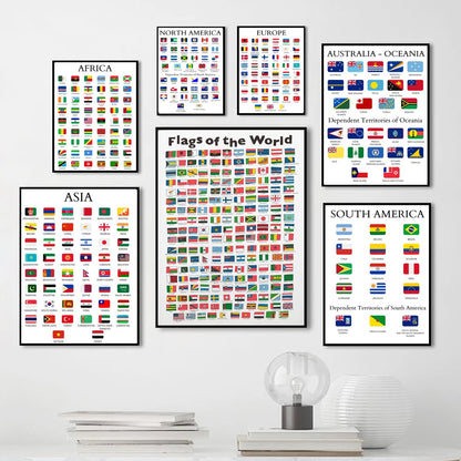 World Flags Poster Countries Flags Painting Canvas Wall Art Educational Kids Nursery Wall Pictures for Living Room Home Decor - niceart