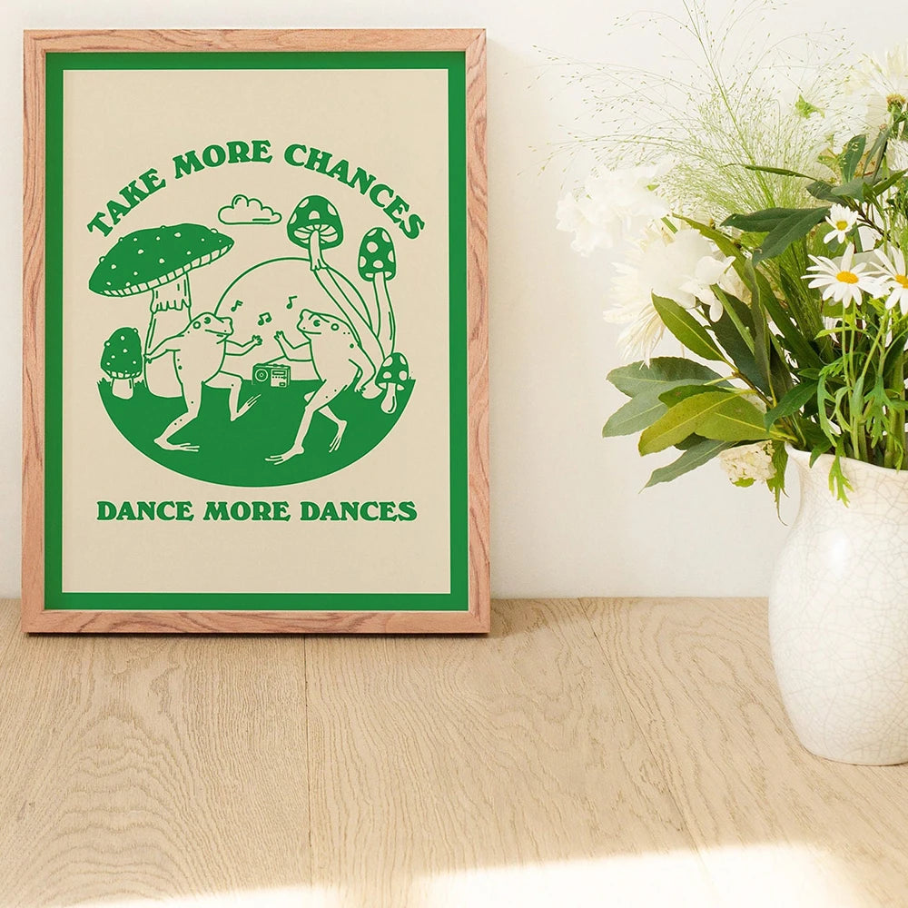 Take More Chances Emerald Green Funny Poster Retro 70s Groovy Hippie Ball Dancing Frogs Canvas Painting Wall Art Pictures Decor - niceart