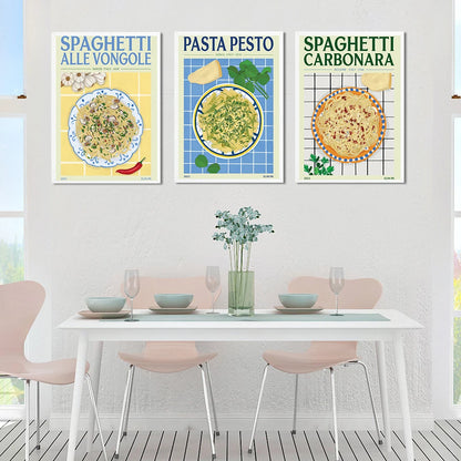 Spaghetti with Clams Poster and Print Cartoon Pasta Pesto Bolognese Canavs Painting Kitchen Restaurant Foods Wall Art Pictures - NICEART