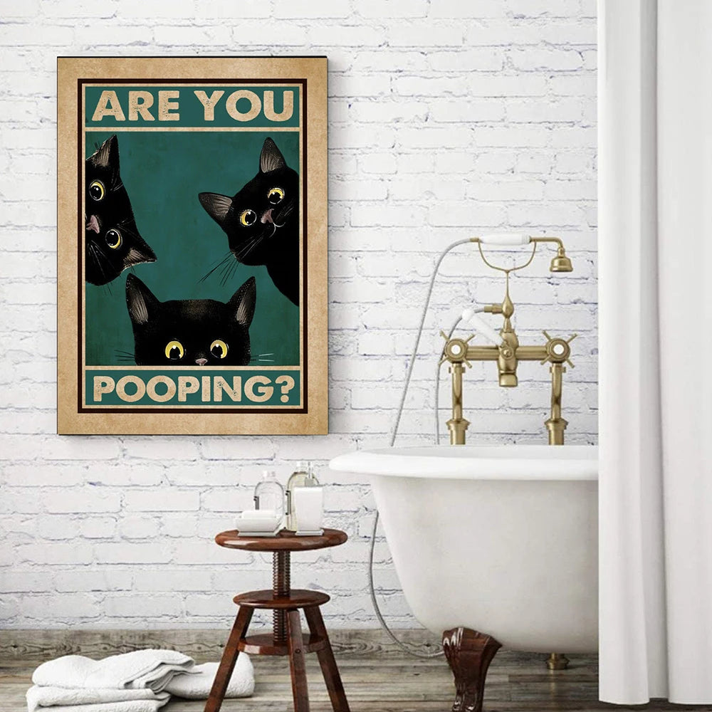 Are You Pooping Bathroom Poster Funny Bathroom Sign Canvas Print Cute Black Cat Quote Art for Painting Wall Picture Toilet Decor - niceart