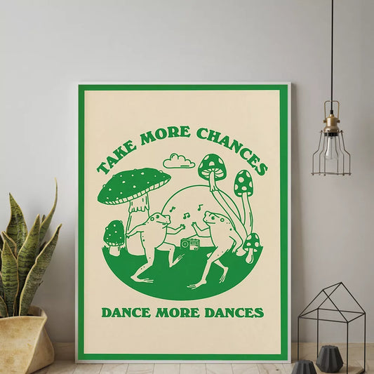 Take More Chances Emerald Green Funny Poster Retro 70s Groovy Hippie Ball Dancing Frogs Canvas Painting Wall Art Pictures Decor - niceart