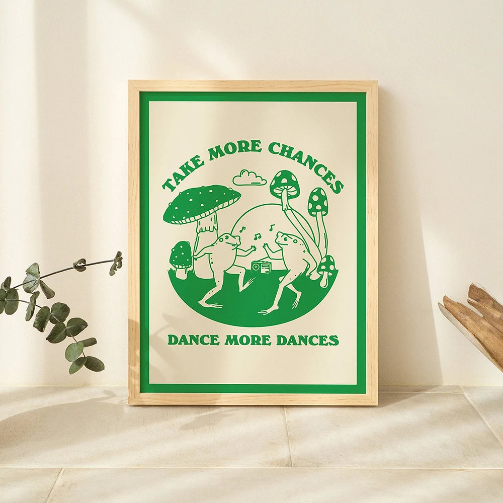 Take More Chances Emerald Green Funny Poster Retro 70s Groovy Hippie Ball Dancing Frogs Canvas Painting Wall Art Pictures Decor - niceart