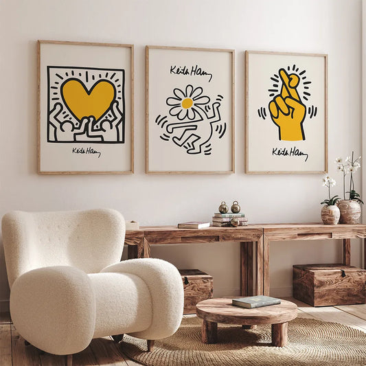 Heart Prints Yellow Color Pop Art Print Poster Finger Dancing Flowers Canvas Painting Abstract Wall Picture For Bed Room Decor - NICEART