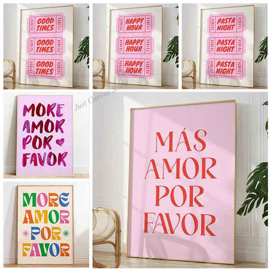 Nordic More Mas Amor Por Favor Spanish Quote Poster Print Canvas Painting Trendy Pink Love Quote Wall Art Room Home Decoration - NICEART