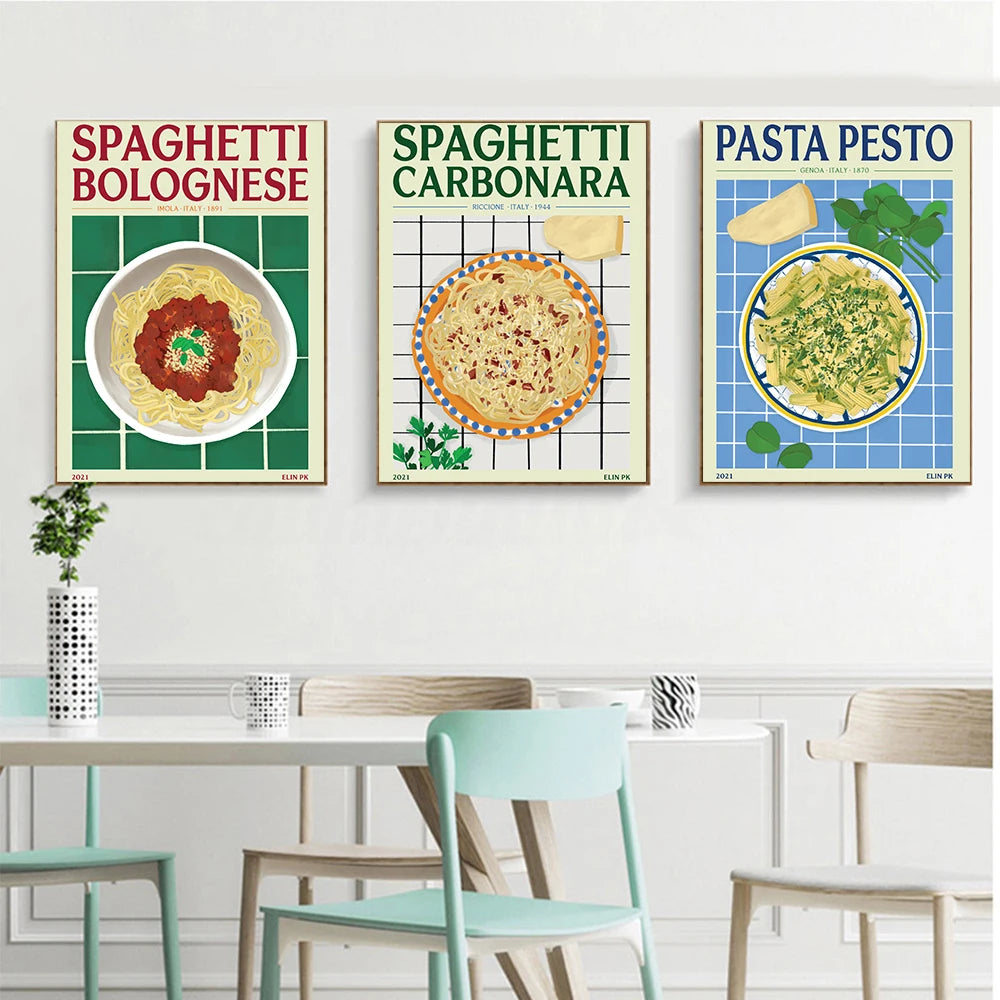 Spaghetti with Clams Poster and Print Cartoon Pasta Pesto Bolognese Canavs Painting Kitchen Restaurant Foods Wall Art Pictures - NICEART