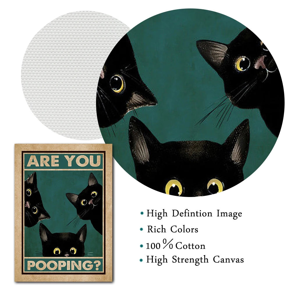 Are You Pooping Bathroom Poster Funny Bathroom Sign Canvas Print Cute Black Cat Quote Art for Painting Wall Picture Toilet Decor - niceart