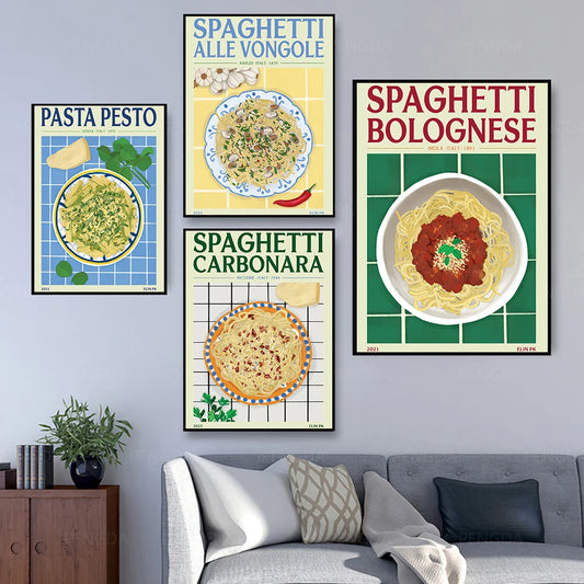 Spaghetti with Clams Poster and Print Cartoon Pasta Pesto Bolognese Canavs Painting Kitchen Restaurant Foods Wall Art Pictures - NICEART