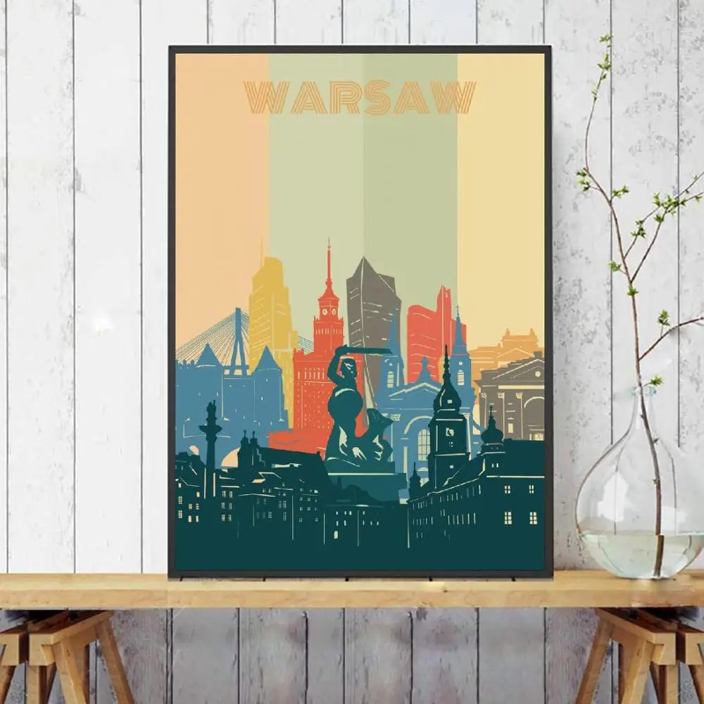 Warsaw City Retro Cityscape Canvas Wall Art Print Modern Poster Wall Pictures Living Room Decor - NICEART