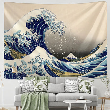 Japan Kanagawa Waves Printed Hanging Tapestry Sun Wall Hanging Tapestries Boho Bedspread Yoga Mat Blanket