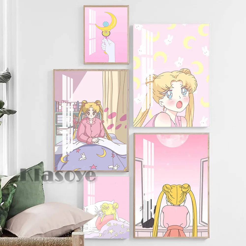 Anime Role Sailor Moon Art Prints Poster Lovely Pink Girly Style Canvas Painting Girls Room Interior Home Decor Birthday Gift - niceart