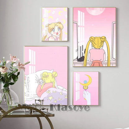 Anime Role Sailor Moon Art Prints Poster Lovely Pink Girly Style Canvas Painting Girls Room Interior Home Decor Birthday Gift - niceart