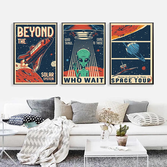 Hd Print Vintage Art Painting Space Retro Alien Posters Travel Landscape Poster Wall Art Picture for Living Room Home Decoration - niceart