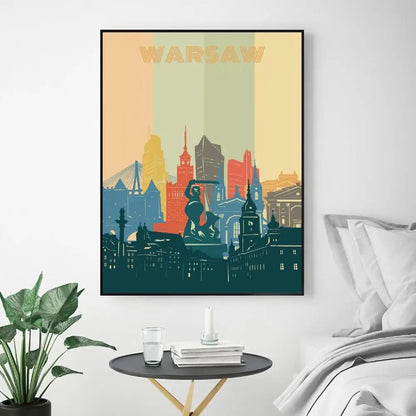 Warsaw City Retro Cityscape Canvas Wall Art Print Modern Poster Wall Pictures Living Room Decor - NICEART