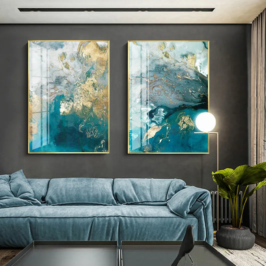 Abstract Watercolor Blue Golden Rendering Modern Decorative Picture Canvas Wall Art Poster for Living Room Office Decor - NICEART