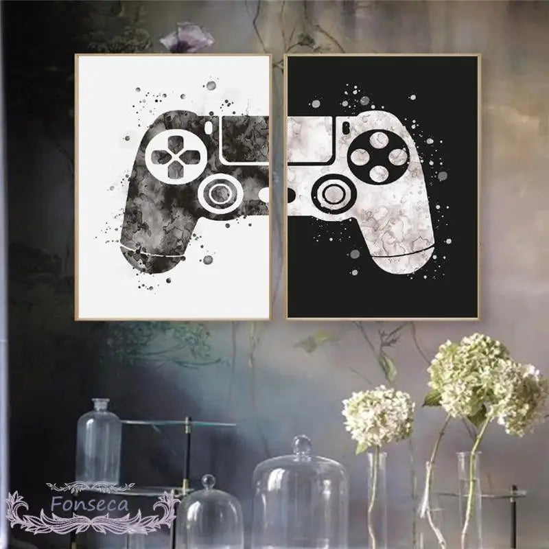 Black and White Watercolor Gamepad Canvas Painting Boys Game Illustration Poster Wall Art Picture for Gamer Kids Room Decoration - niceart