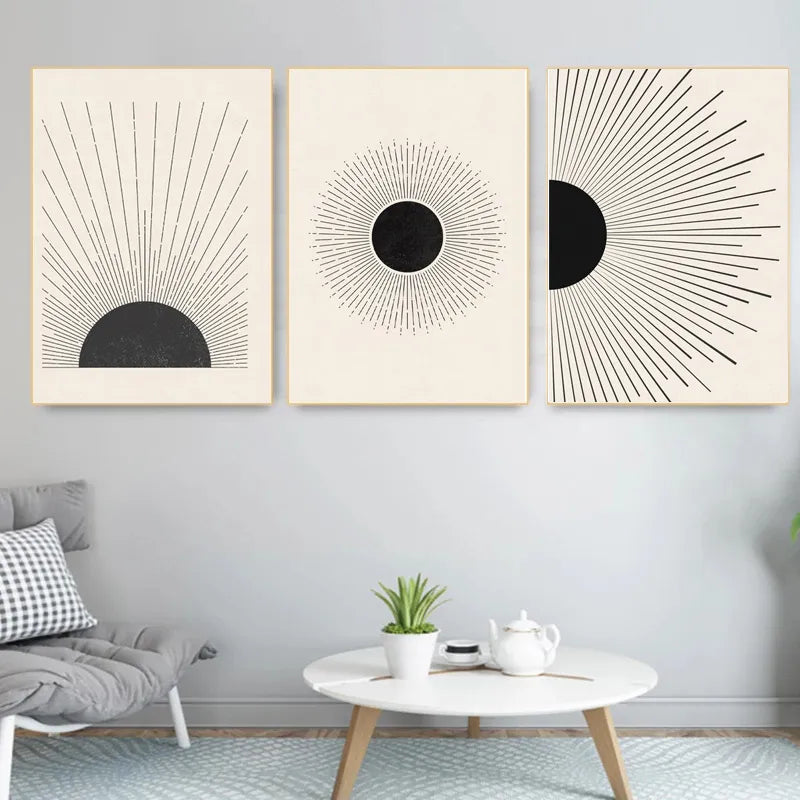 Sun Illustration Mid Century Modern Canvas Painting Neutral Colors Style Poster Print Wall Art Picture Living Room Home Decor - NICEART