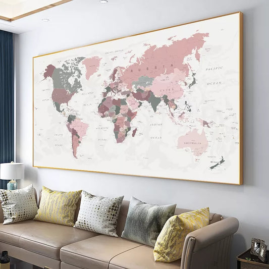 World Map Poster Print Pink Colors Wall Art Canvas Painting Big Size Wall Picture for Living Room Home Decor Cuadros No Frame - niceart