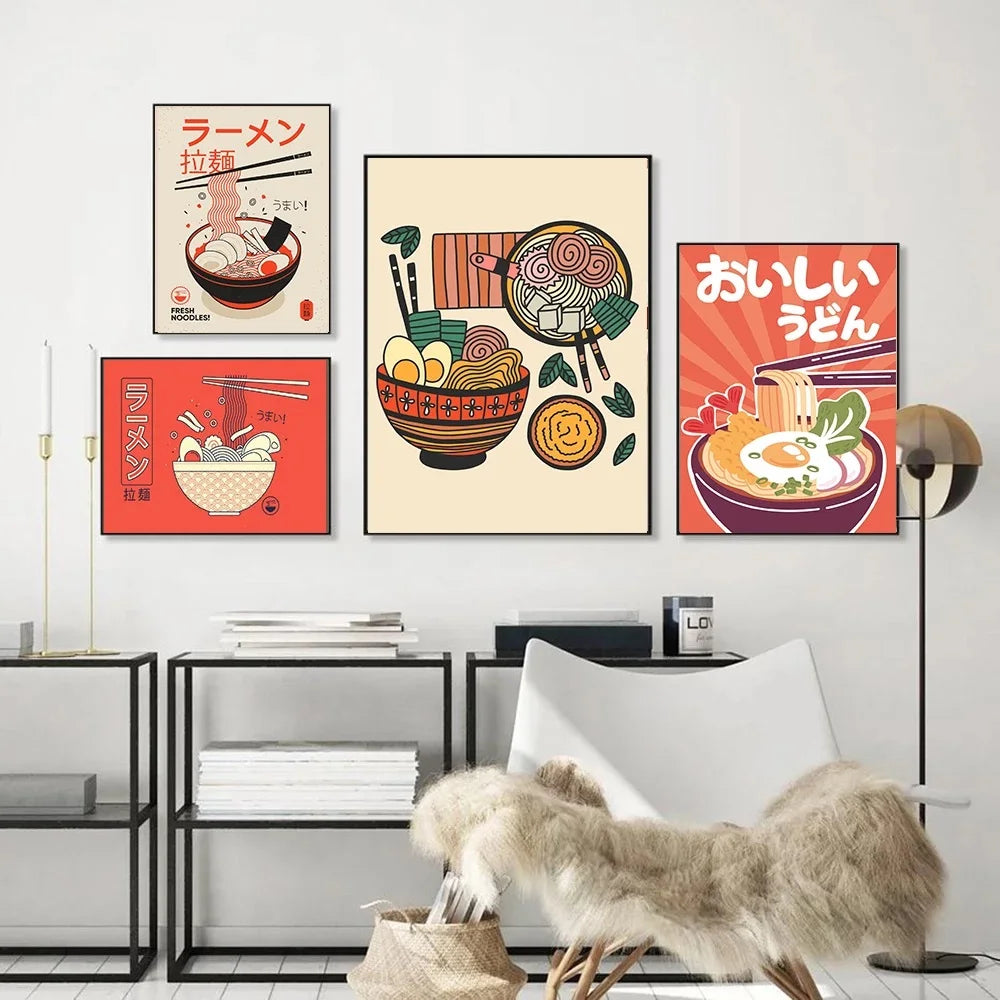 Ramen Noodles with Eggs Canvas Poster Japanese Vintage Sushi Food Painting Retro Kitchen Restaurant Wall Art Decoration Picture - NICEART