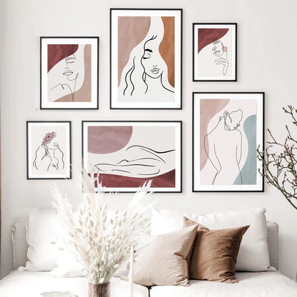 Line Drawing Body Wall Art Abstract Poster Print Flower Girl Retro Canvas Painting Decoration Living Room Home Wall Pictures - NICEART