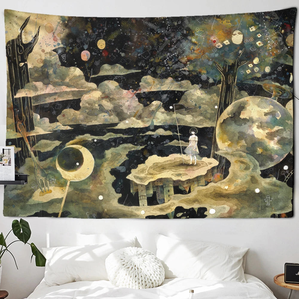 Cartoon Illustration Tapestry Wall Hanging  Psychedelic Astrology Divination Children's Room Dream