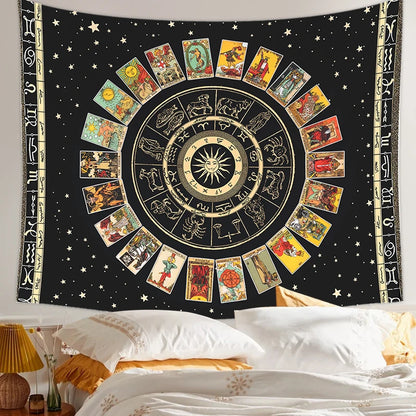 Mandala Tarot Card Tapestry Wheel of the Zodiac Astrology Chart & the Major Arcana Tarot  Sun and Moon  Wall Hanging Home Decor