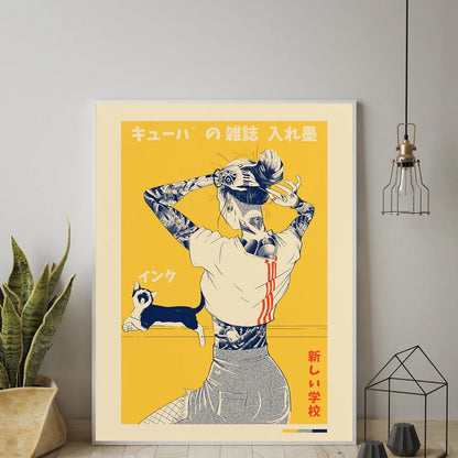Japanese Canvas Print La Tinta Cat Poster Art Vintage Magazine Painting Wall Pictures For Living Room Home Decoration No Frame - niceart