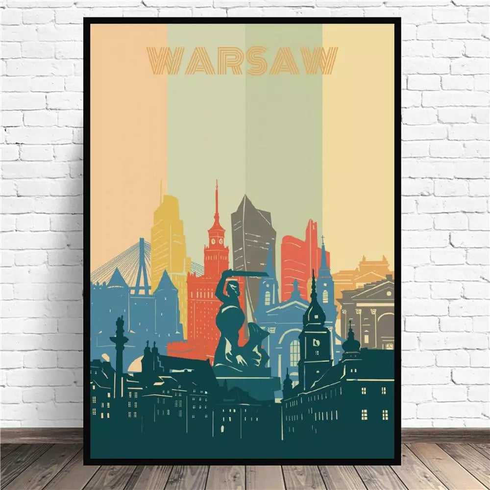 Warsaw City Retro Cityscape Canvas Wall Art Print Modern Poster Wall Pictures Living Room Decor - NICEART