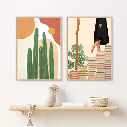 Wall Art Canvas Painting Abstract Boho Girl Book Nordic Posters And Prints Monstera Agave Cactus Wall Pictures For Living Room - NICEART