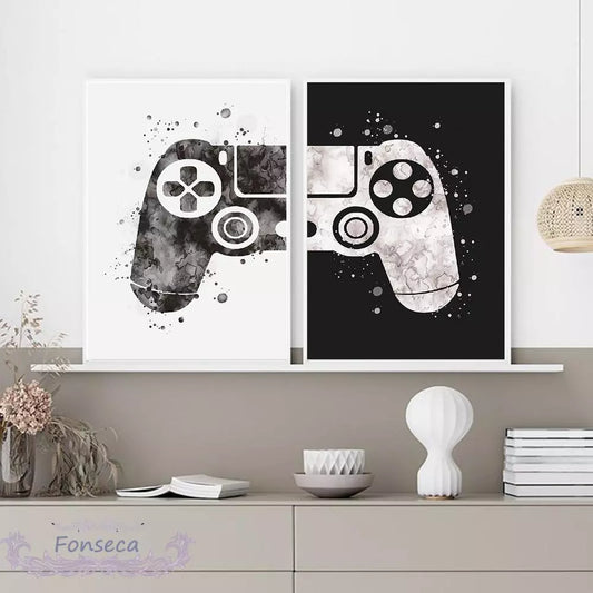 Black and White Watercolor Gamepad Canvas Painting Boys Game Illustration Poster Wall Art Picture for Gamer Kids Room Decoration - niceart