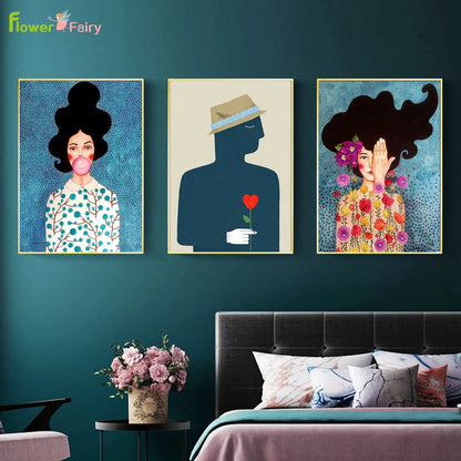 Abstract Flowers Girl Hair Wall Art Canvas Painting Bird Nordic Poster Art Prints Wall Pictures For Living Room Vintage Unframed - niceart