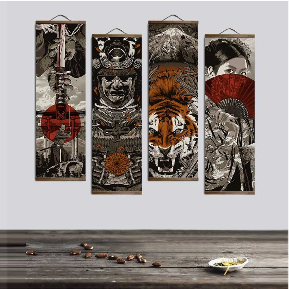 Japanese Samurai Ukiyoe Tiger Canvas Poster Pictures for Living Room Home Decor Painting Wall Art with Solid Wood Hanging Scroll - NICEART