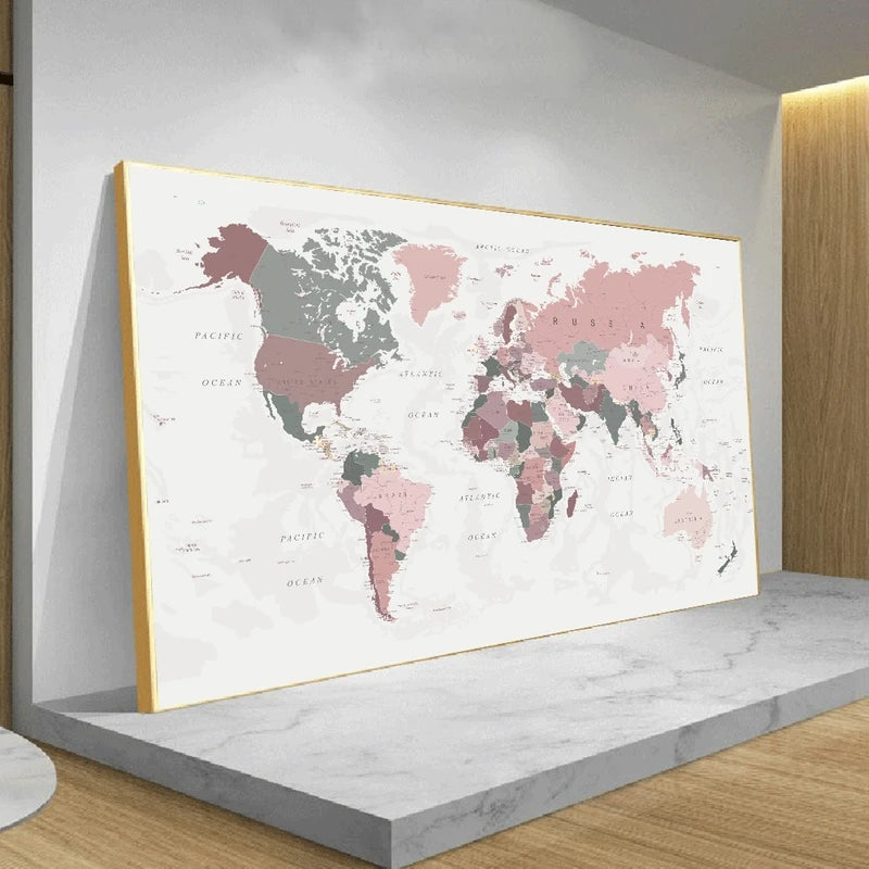 World Map Poster Print Pink Colors Wall Art Canvas Painting Big Size Wall Picture for Living Room Home Decor Cuadros No Frame - niceart