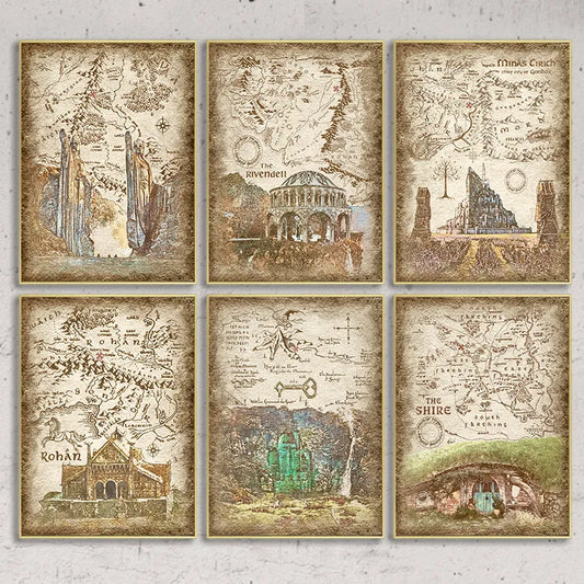 Tolkien Middle Earth Retro Travel Map Wall Art Canvas Painting Prints Fantasy Literature Movie Poster Wall Pictures Home Decor - niceart