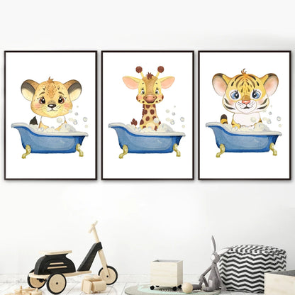 Lion elephant zebra tiger hippo Bath Nursery Wall Art Canvas Painting Posters And Prints Wall Pictures Kids room bathroom Decor - NICEART