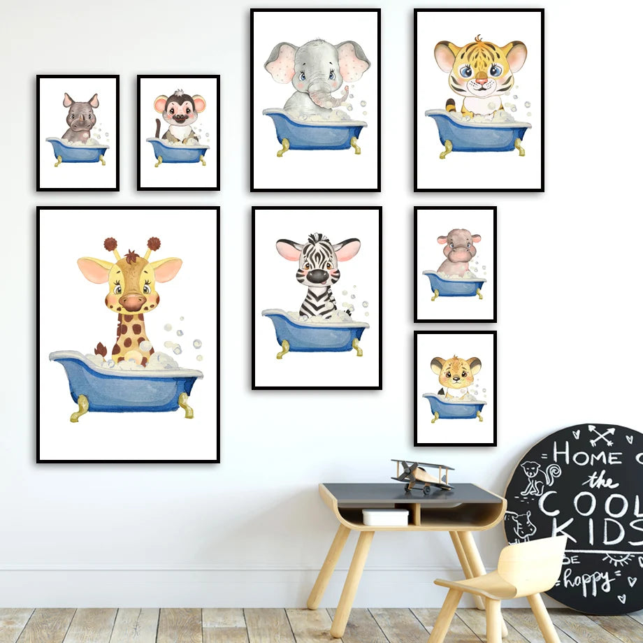 Lion elephant zebra tiger hippo Bath Nursery Wall Art Canvas Painting Posters And Prints Wall Pictures Kids room bathroom Decor - NICEART