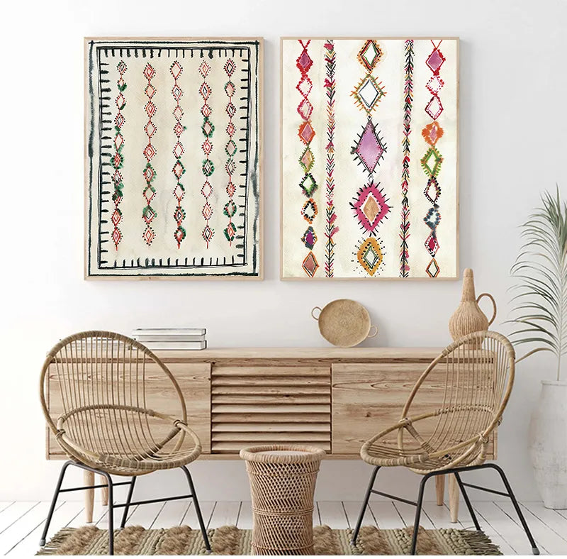 Moroccan Rug Art Painting Boho Wall Pictures , Abstract Neutral Eclectic Canvas Art Prints Home Bohemia Poster Wall Decor - NICEART