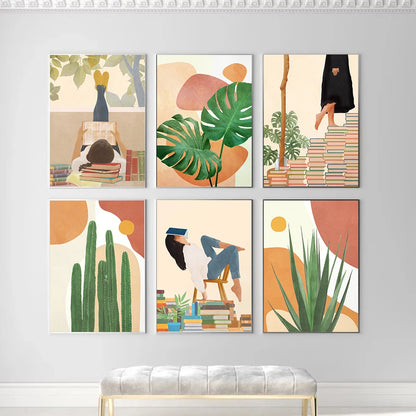 Wall Art Canvas Painting Abstract Boho Girl Book Nordic Posters And Prints Monstera Agave Cactus Wall Pictures For Living Room - NICEART