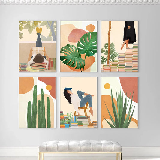 Wall Art Canvas Painting Abstract Boho Girl Book Nordic Posters And Prints Monstera Agave Cactus Wall Pictures For Living Room - NICEART