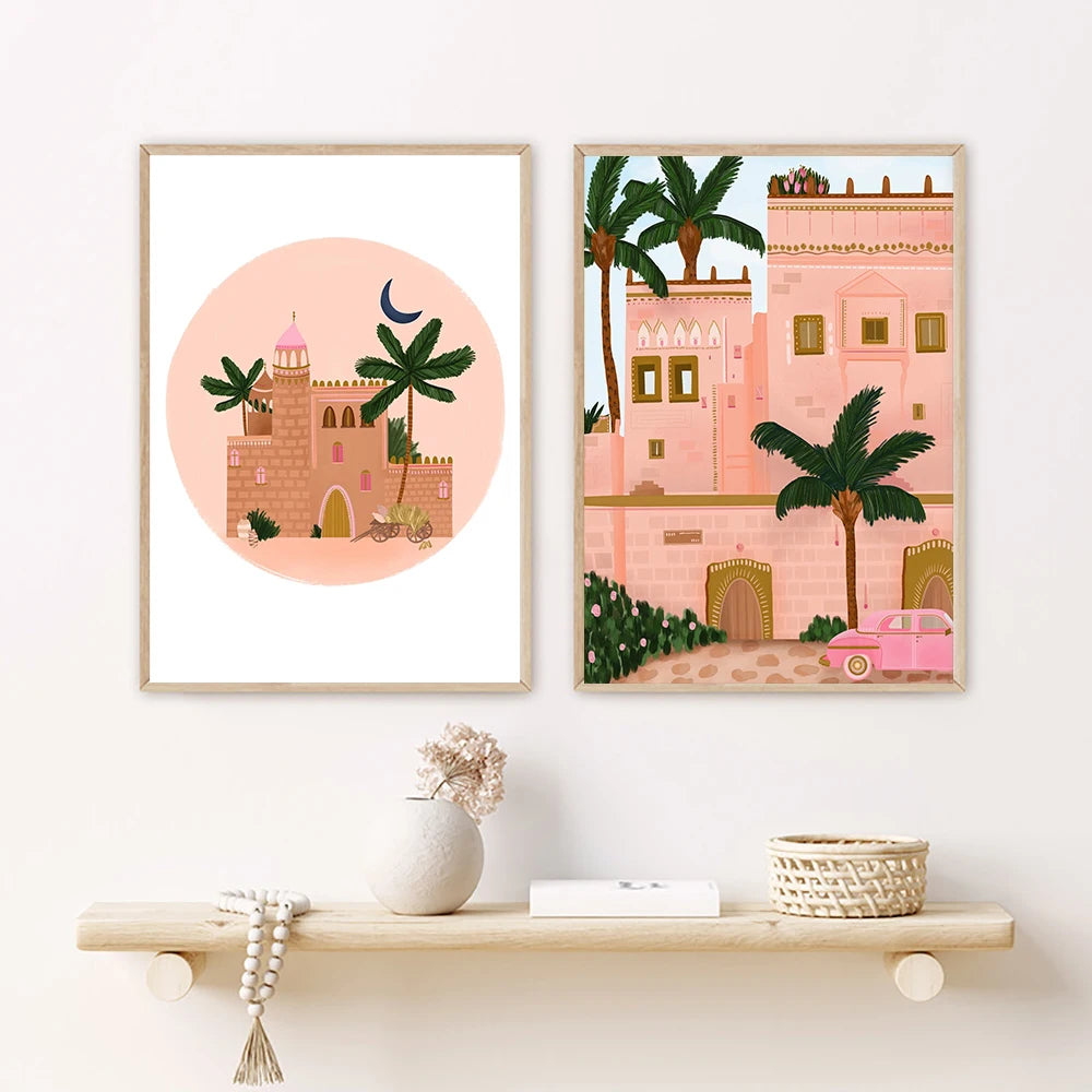 Moroccan Wall Art Canvas Poster Pink Lotus Gate Palm Building Moon Print Nordic Decorative Picture Painting Modern Mosque Decor - NICEART