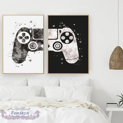 Black and White Watercolor Gamepad Canvas Painting Boys Game Illustration Poster Wall Art Picture for Gamer Kids Room Decoration - niceart