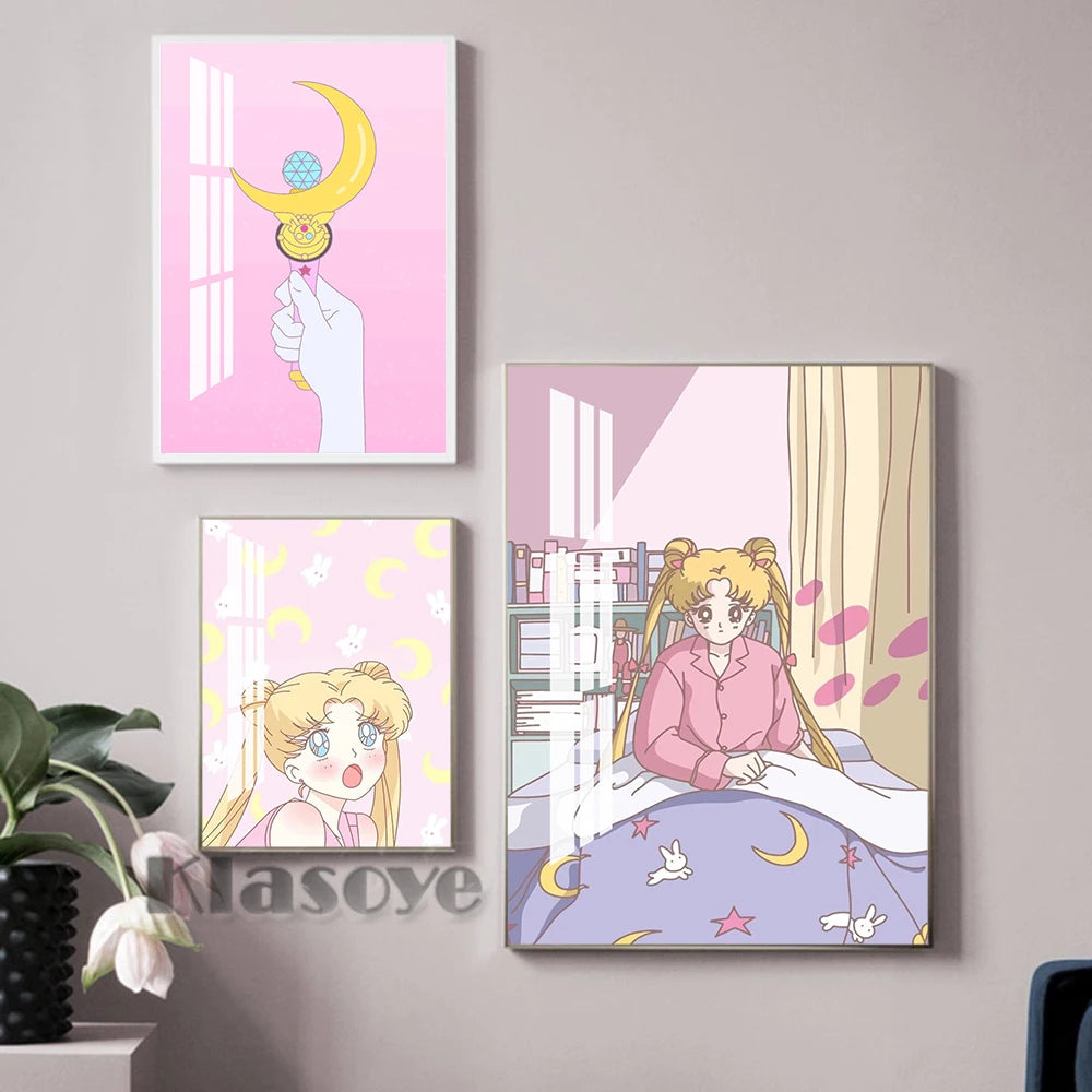 Anime Role Sailor Moon Art Prints Poster Lovely Pink Girly Style Canvas Painting Girls Room Interior Home Decor Birthday Gift - niceart