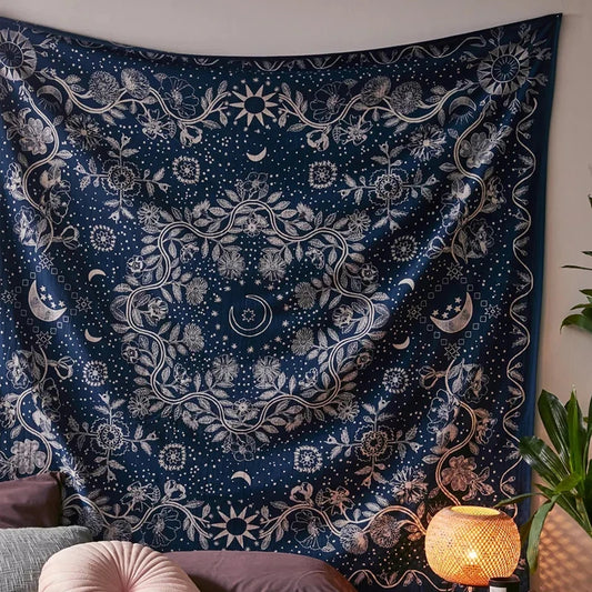 Botanical Celestial Floral Tapestry Wall Hanging Moon Phase Tapestry Hippie Flower Wall Carpets Tapestry Room Decor Aesthetic