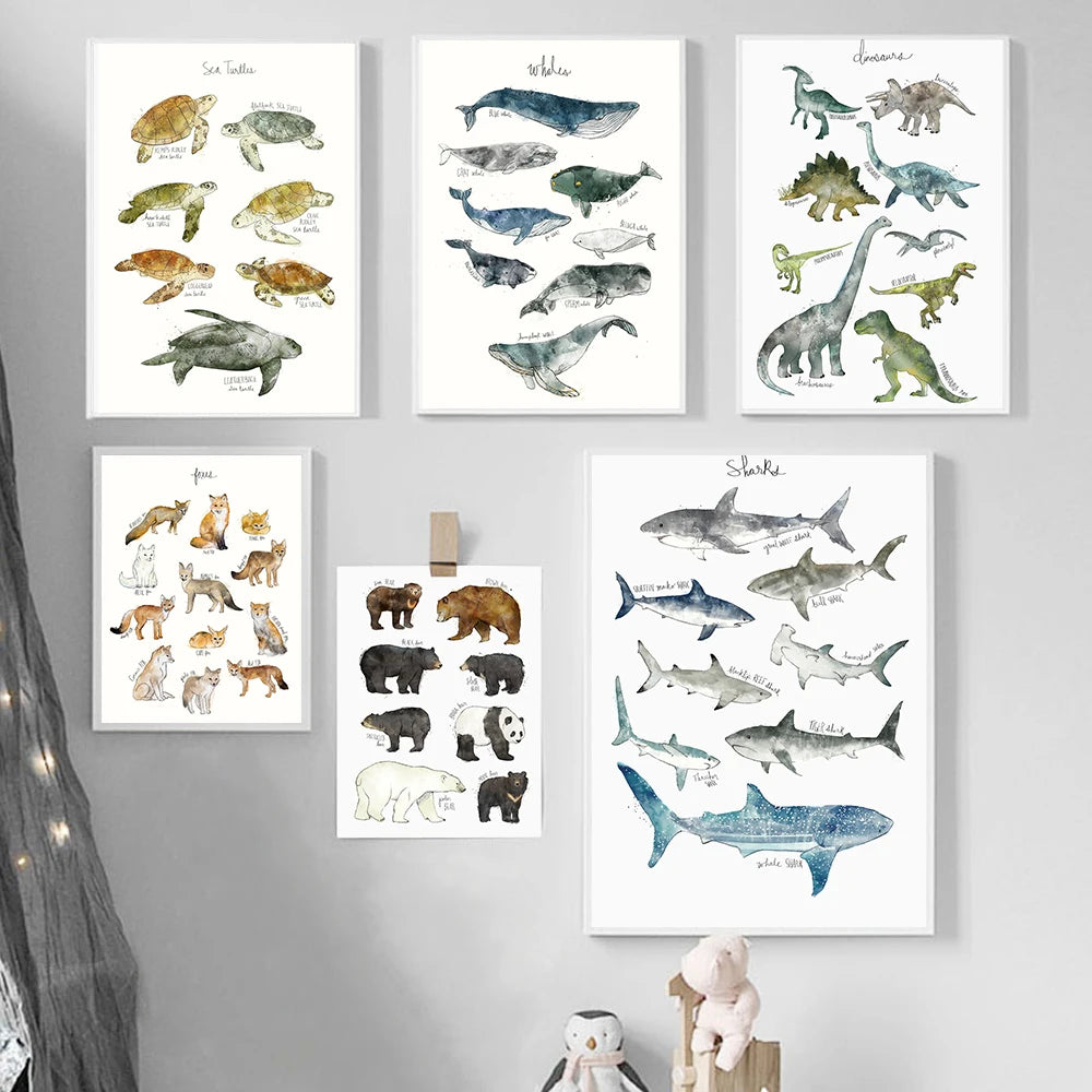 Child Poster Dinosaurs Whale Shark Foxes Bears Animal Nursery Canvas Art Print Education Wall Picture Painting Kids Room Decor - NICEART