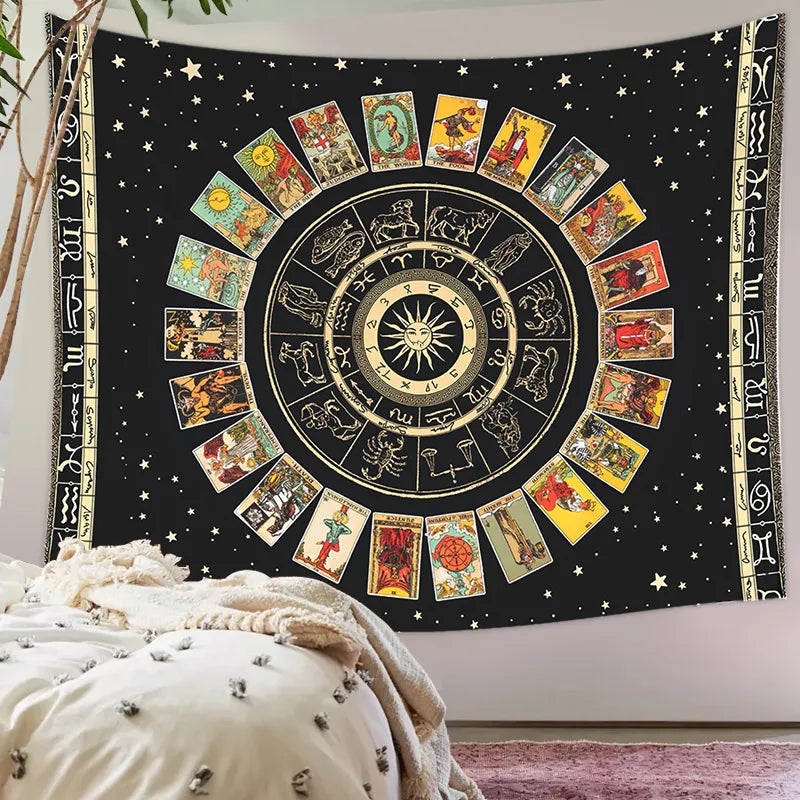 Mandala Tarot Card Tapestry Wheel of the Zodiac Astrology Chart & the Major Arcana Tarot  Sun and Moon  Wall Hanging Home Decor