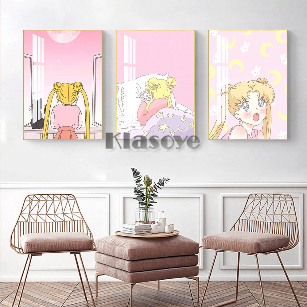 Anime Role Sailor Moon Art Prints Poster Lovely Pink Girly Style Canvas Painting Girls Room Interior Home Decor Birthday Gift - niceart