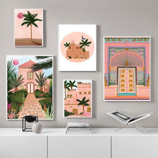 Moroccan Wall Art Canvas Poster Pink Lotus Gate Palm Building Moon Print Nordic Decorative Picture Painting Modern Mosque Decor - NICEART