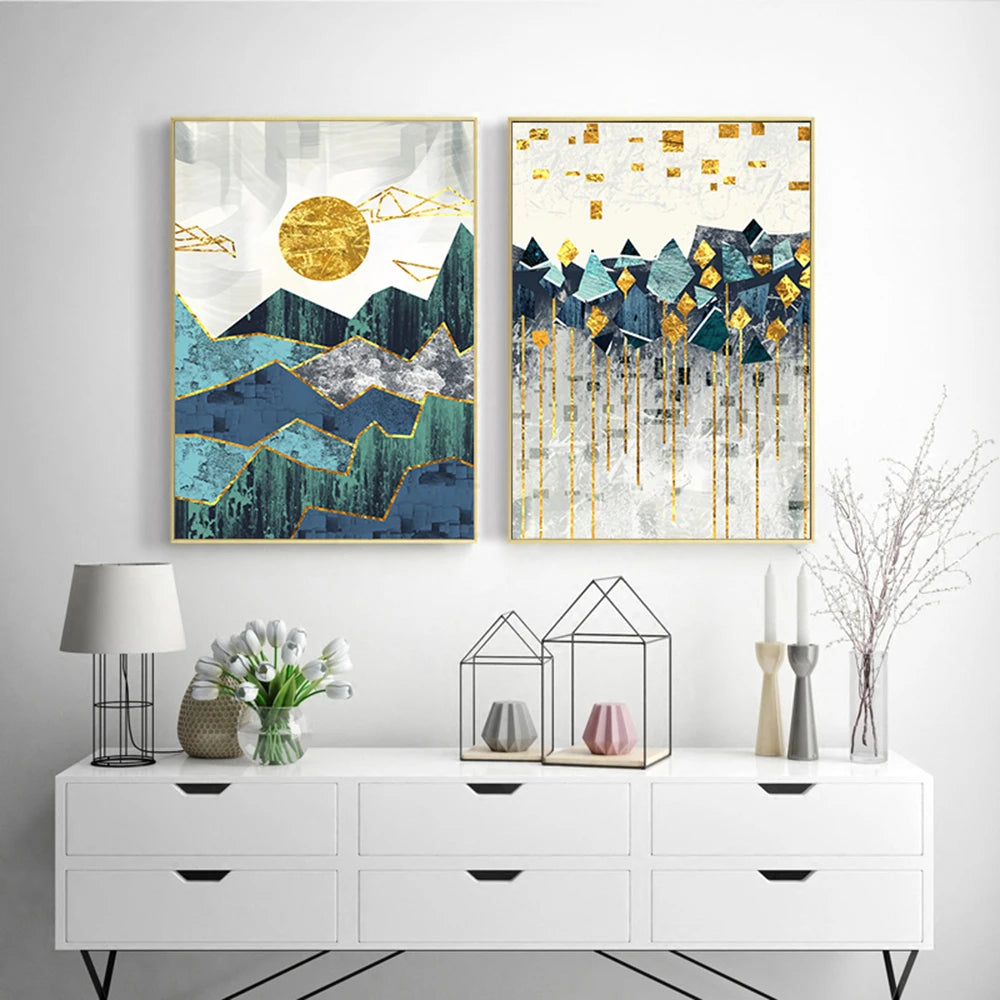 Nordic Abstract Geometric Mountain Landscape Wall Art Canvas Painting Golden Sun Poster Print Wall Picture for Living Room Decor - NICEART