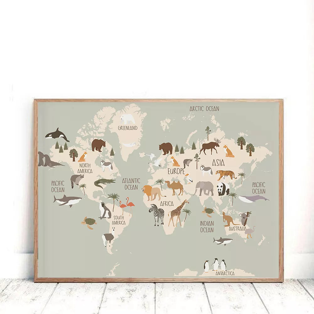 Animal World Map Nursery Wall Art Canvas Painting Scandinavian Posters and Prints Cute Cartoon Animals Pictures Kids Room Decor - niceart