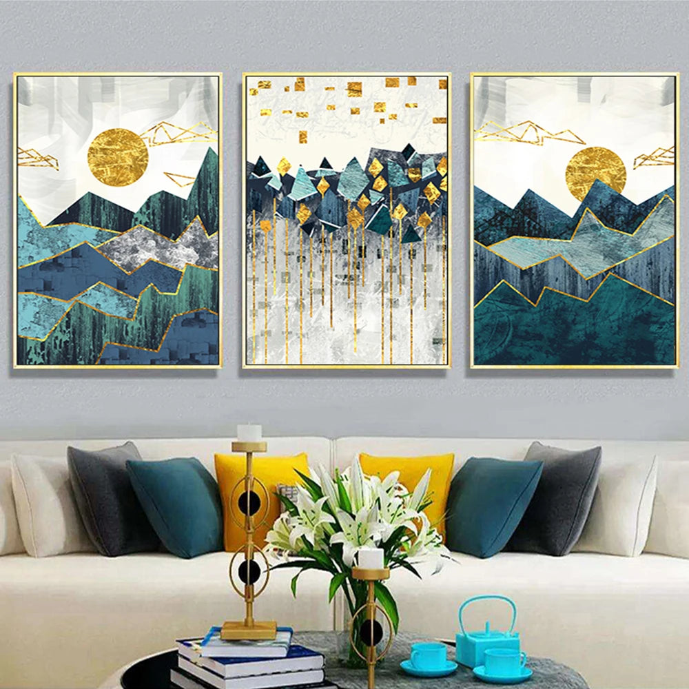 Nordic Abstract Geometric Mountain Landscape Wall Art Canvas Painting Golden Sun Poster Print Wall Picture for Living Room Decor - NICEART